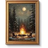 Vintage Gold Framed Winter Landscape with Campfire Wall Art 12x16 Inch | Canvas Print of Moonlit Snowy Forest and Fire Painting, Rustic Living Room, Cabin Office Home Christmas Holiday Decor