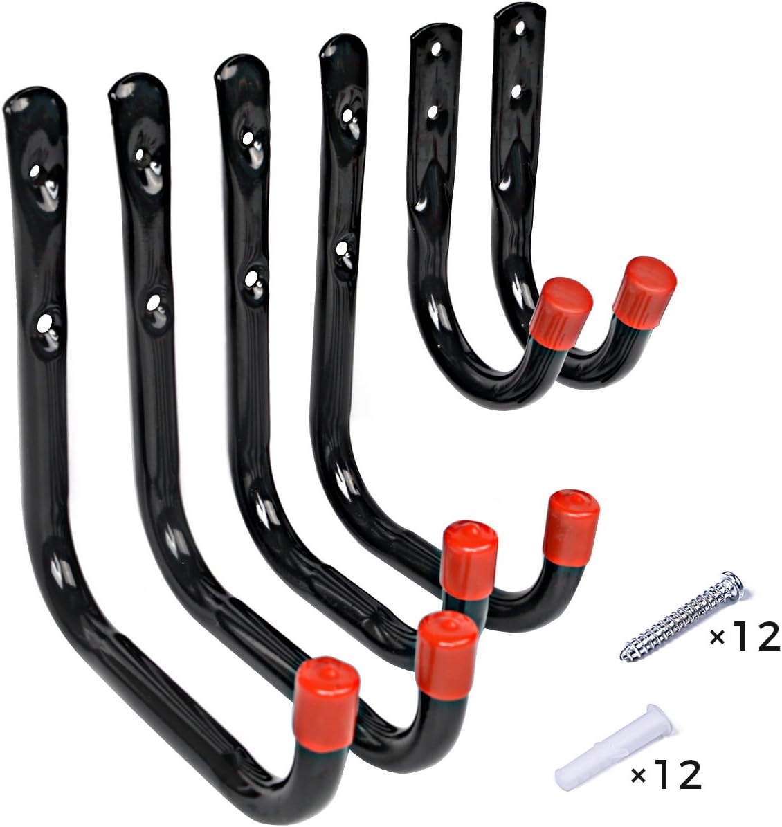 6 Pack Heavy Duty DIY Garage Storage Utility Hooks Set Wall Mount Organizer Screw-in Multi-Tools Steel Hanger with 12 pcs Screws and Anchors for Workshop Repair Room,Black