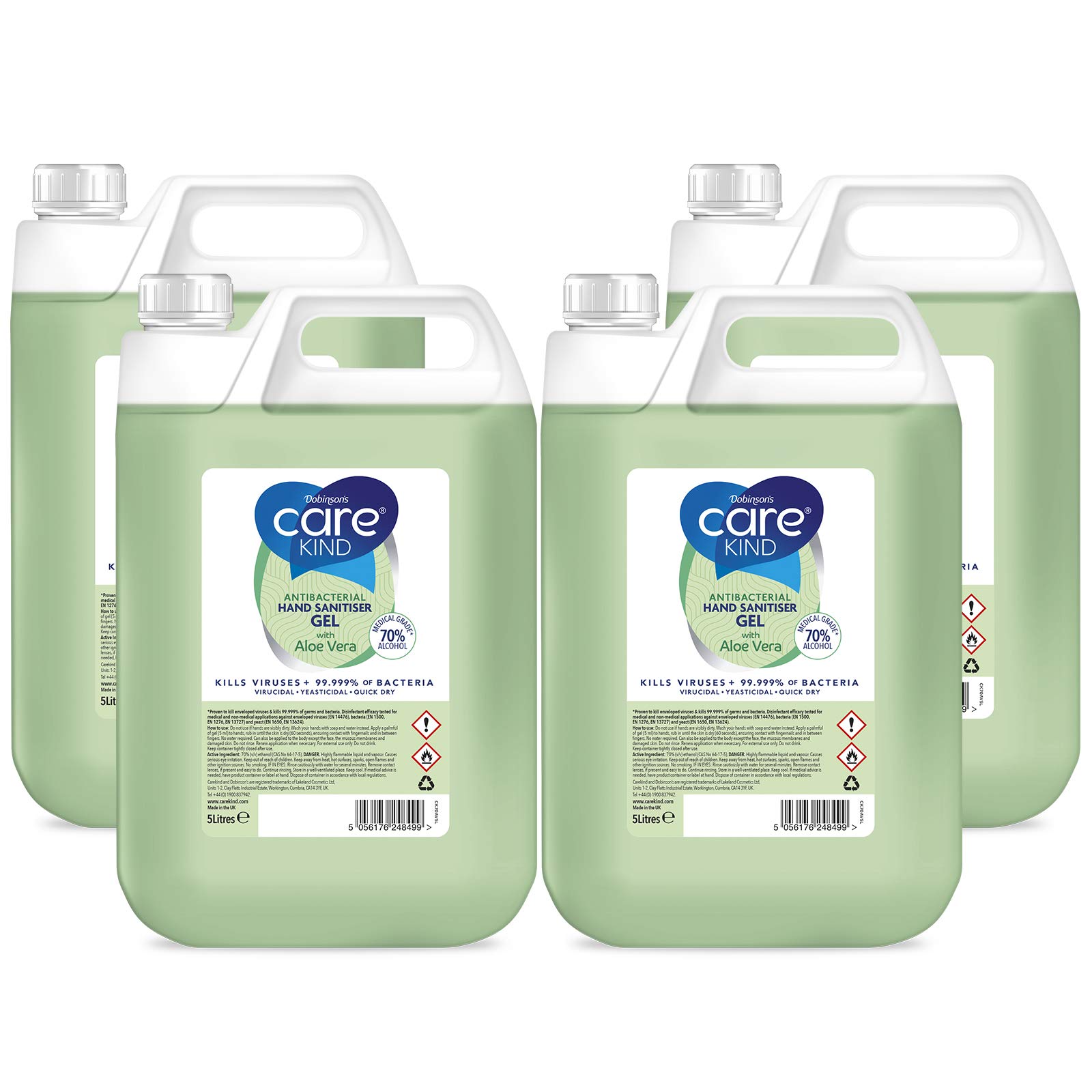 Carekind 70% Hand Sanitiser Gel 5 Litre - with Aloe Vera Extract - Antibacterial Hand sanitizer gel made with Medical Grade Alcohol, Kills Viruses & 99.999% of bacteria. Bulk 5ltr refill (Pack of 4)