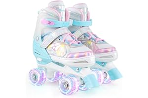BABY JOY Roller Skates, 4 Sizes Adjustable Quad Skates for Girls Teens Adults 5-8 8-13 13+ with Light-up Wheels & Safety Prot