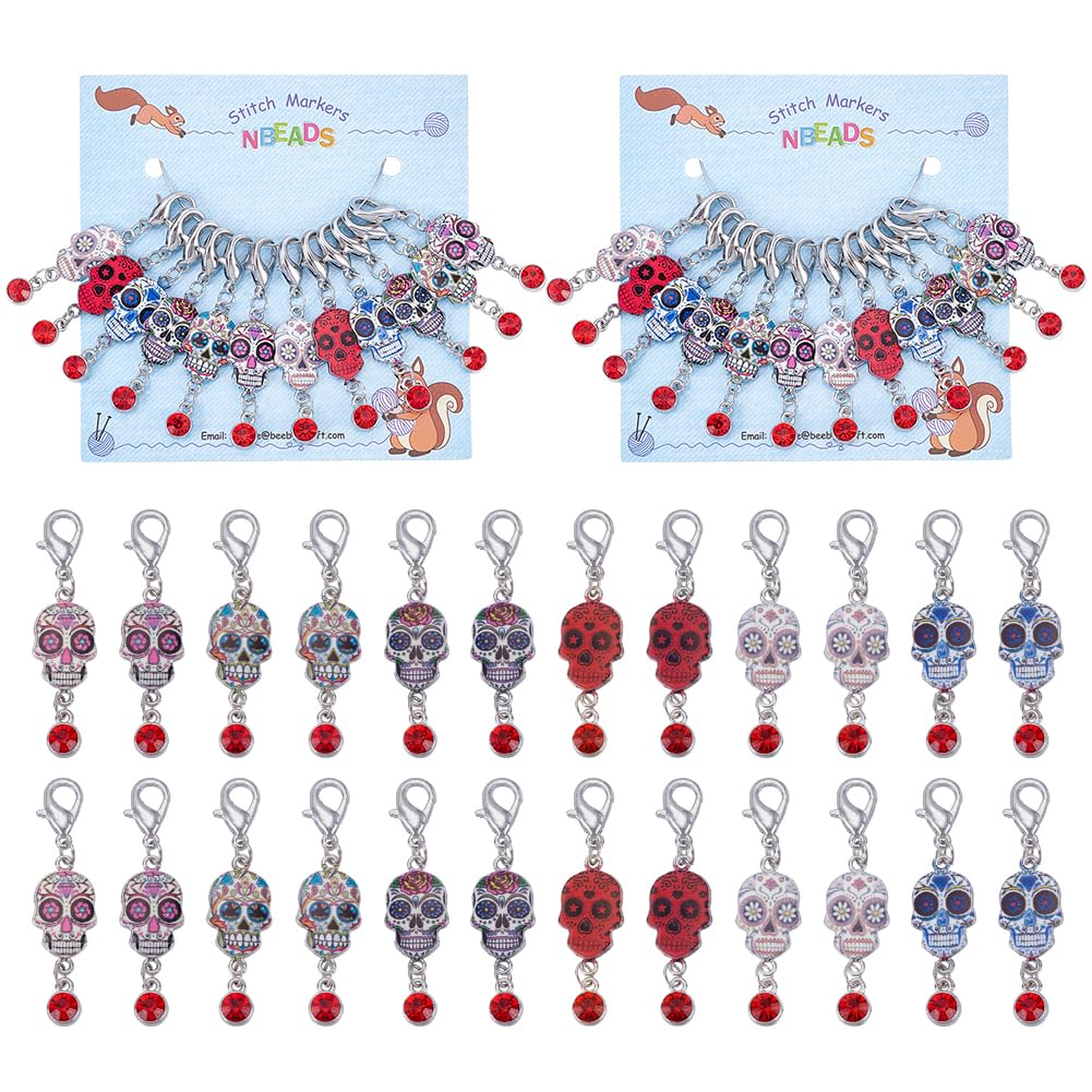 NBEADS 24 Pcs Halloween Theme Stitch Markers, Alloy Enamel Skull Charms Removable Dangle Locking Stitch Marker for Knitting Weaving Sewing Accessories Quilting Handmade Jewelry