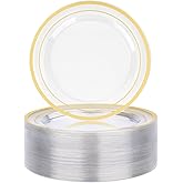 BESTVIP 50PCS 7" Clear Gold Plastic Plates, Small Disposable Salad Dessert Plate with Gold Rim, Heavy Duty Disposable Plastic Plates for Party, Wedding and Birthday, Events