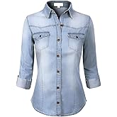 Design by Olivia Women's Roll up Sleeve Button Down Chambray Denim Shirt