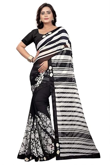 Womens Marble Chiffon Printed Saree With Lace (sapna-1006-black)