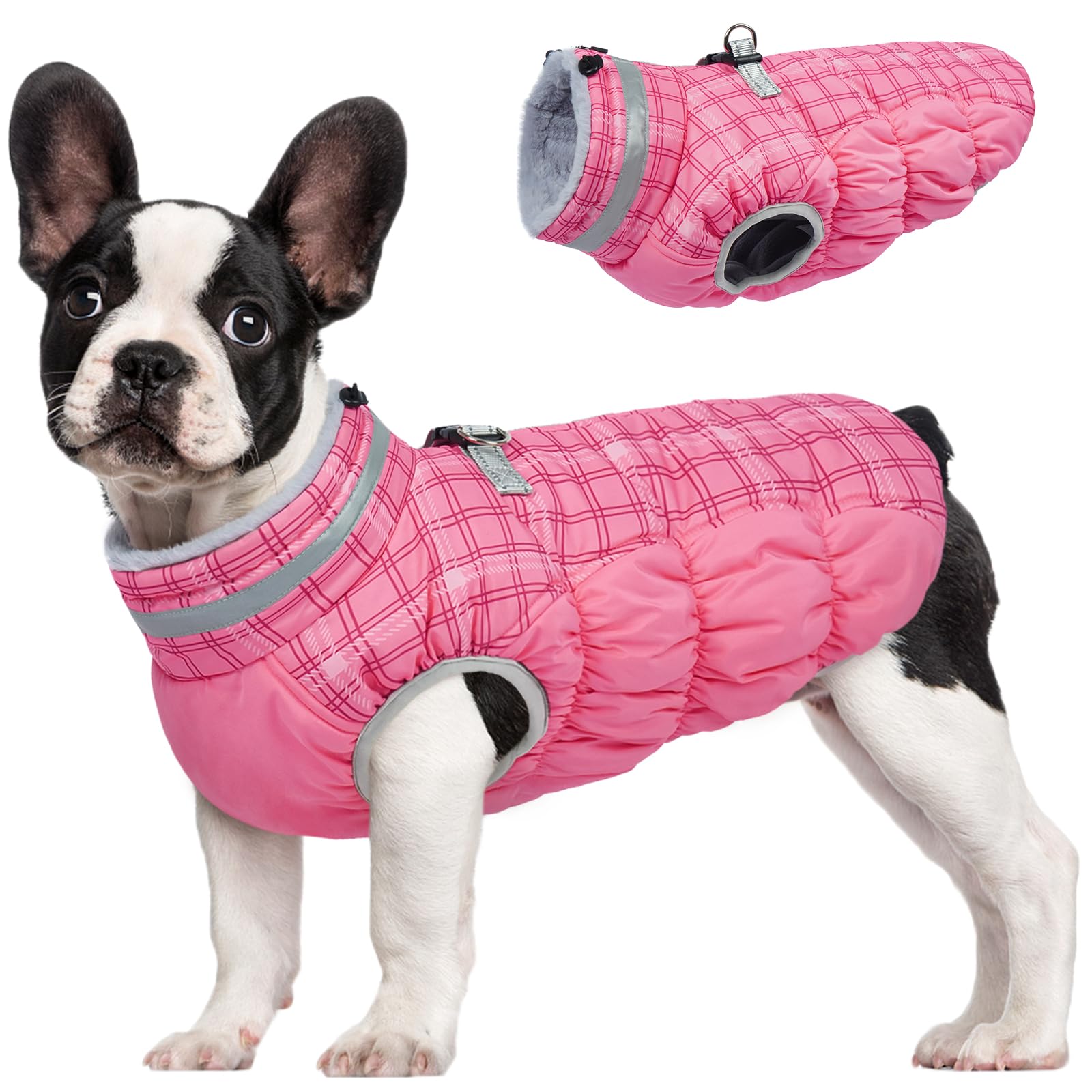 Photo 1 of FUAMEY Dog Coat for Small Dogs,Waterproof Dog Winter Jacket with Harness Built in Puppy Cold Weather Coats Reflective Pet Vest with Zipper Warm Fleece Dogs Snowsuit Windproof Rose Plaid XS
