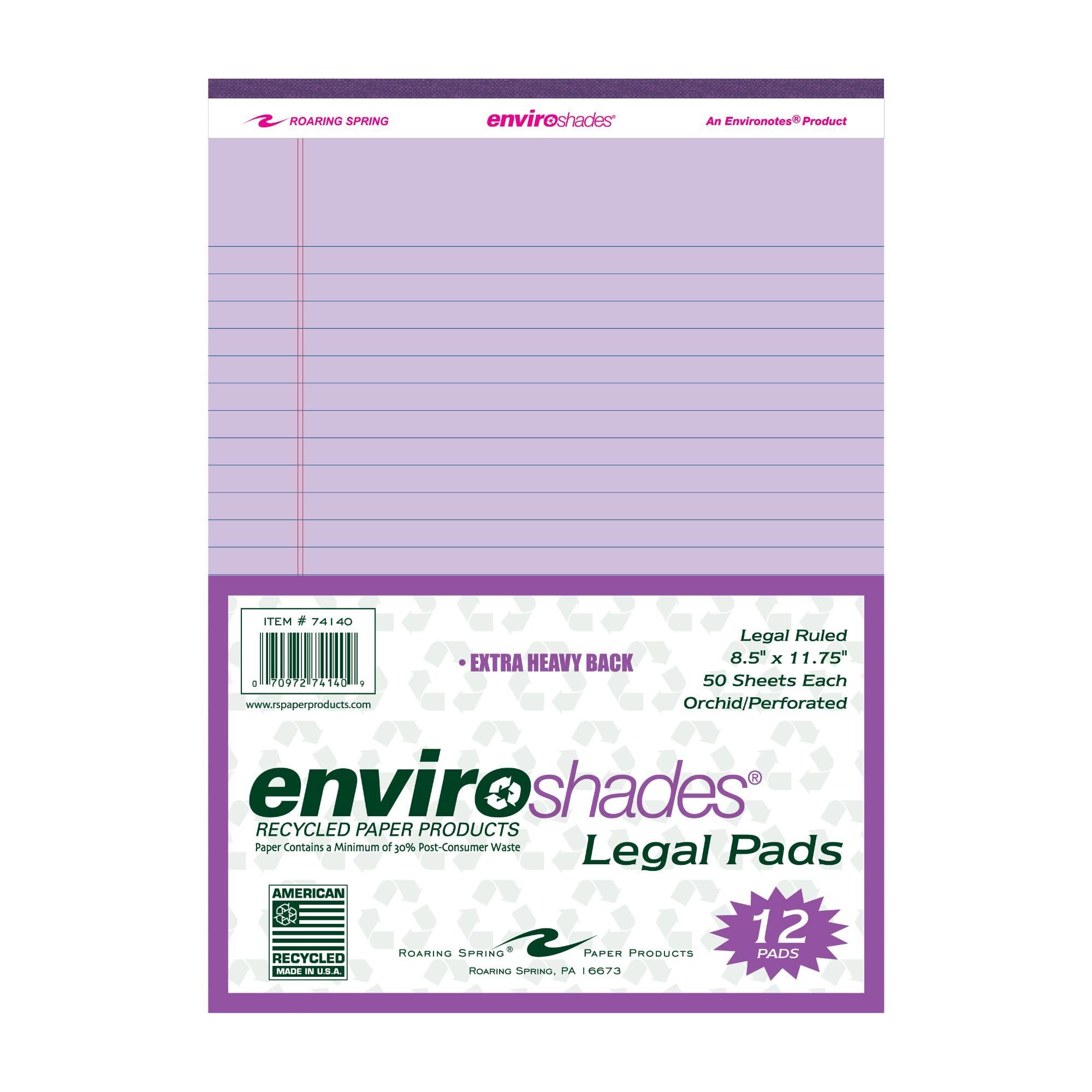 Photo 1 of ROARING SPRING Enviroshades Recycled Colored Legal Pads, Orchid, 12 Pack, 8.5" x 11", Legal Ruled, 50 Sheets Per Pad, 15 lb Perforated Paper, Made in USA