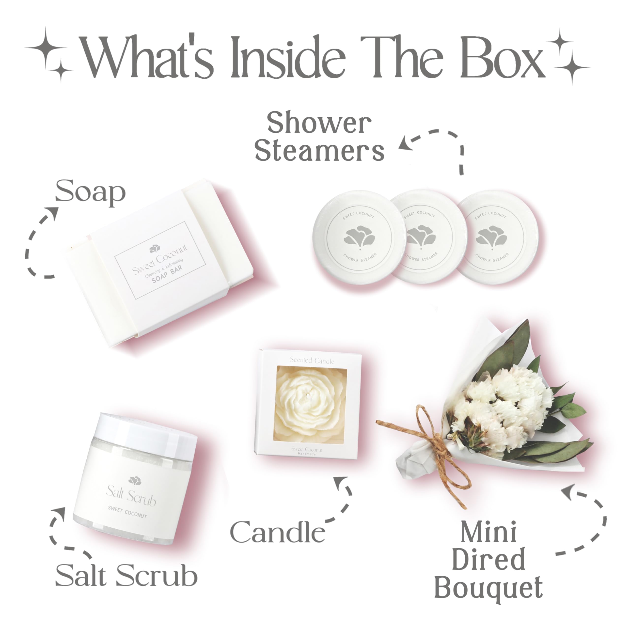 LaurGifts Sweet Coconut Spa Gift Baskets for Women – Scented Self Care Shower Essential - Elegant Kit for Mom, Wife, Sister, Friend - Body Bath Set - Aromatic Box for Occasions - Home Spa-Inspired