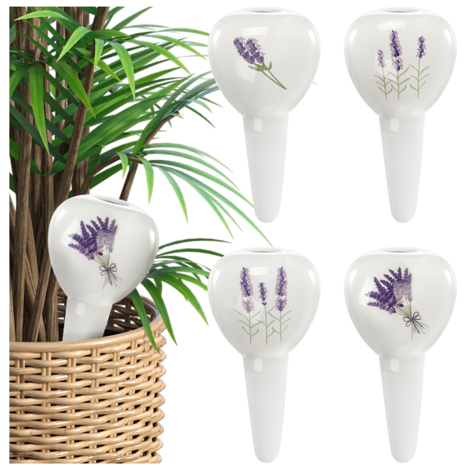 COM-FOUR® 4x automatic watering for indoor plants - water dispenser for plants - clay cones for watering flowers - hydrospikes (04 pieces - flower motif)