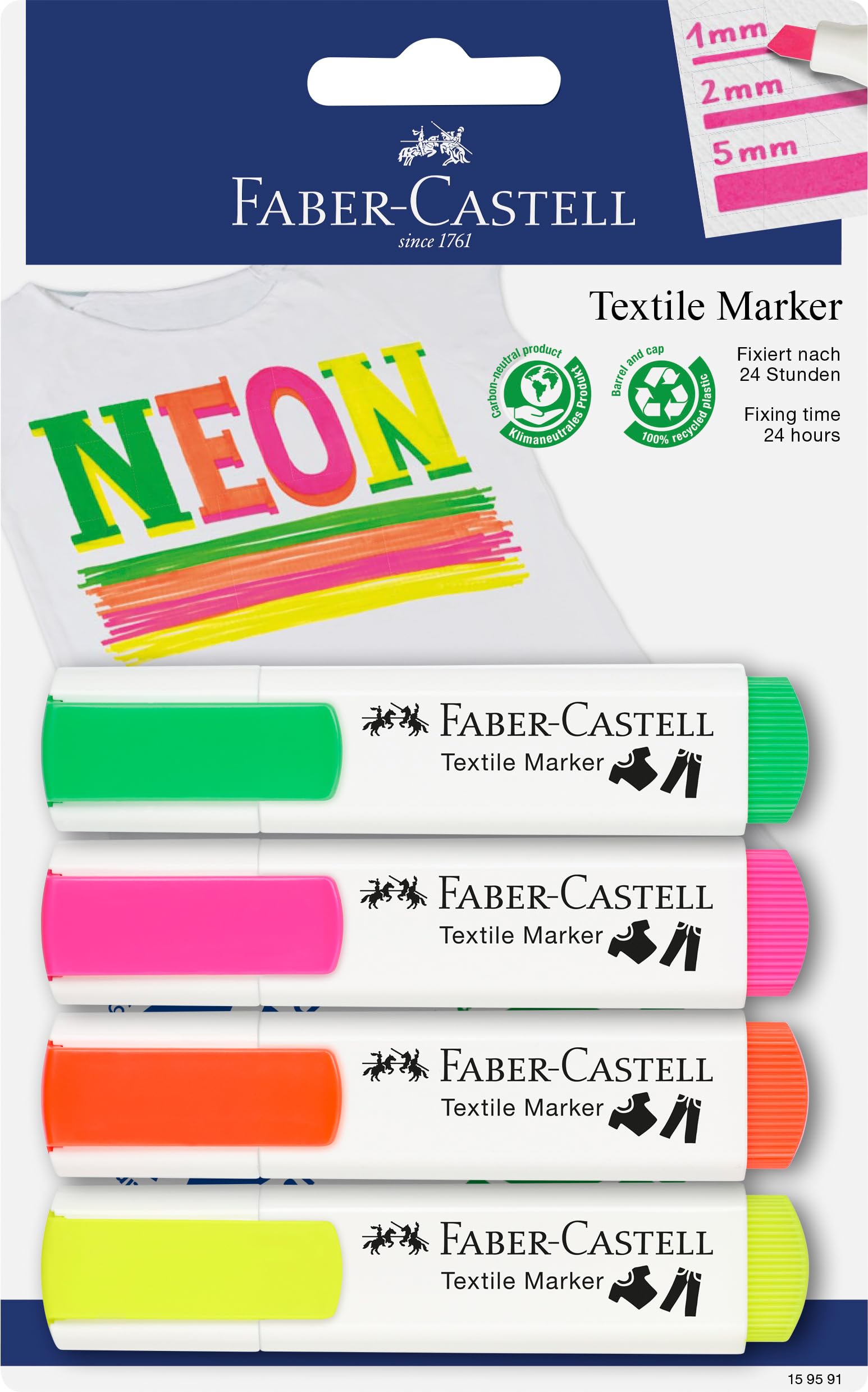 Faber-Castell 159591 Textile Marker in Neon Colours for Light Fabrics, Pack of 4, 1-5 mm Line Width, Bath Taste Party, Children's Birthdays, Stag Parties