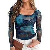 Pink Queen Mesh Top for Women Long Sleeve See Through Shirt Scoop Neck Sheer Blouse