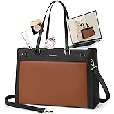 RAINSMORE Laptop Bag for Women 15.6 Inch PU Vegan Leather Work Tote Bag Waterproof Womens Briefcase Designer Computer Bags for Office Teacher College Travel Large Tote Purse Professional Black & Brown