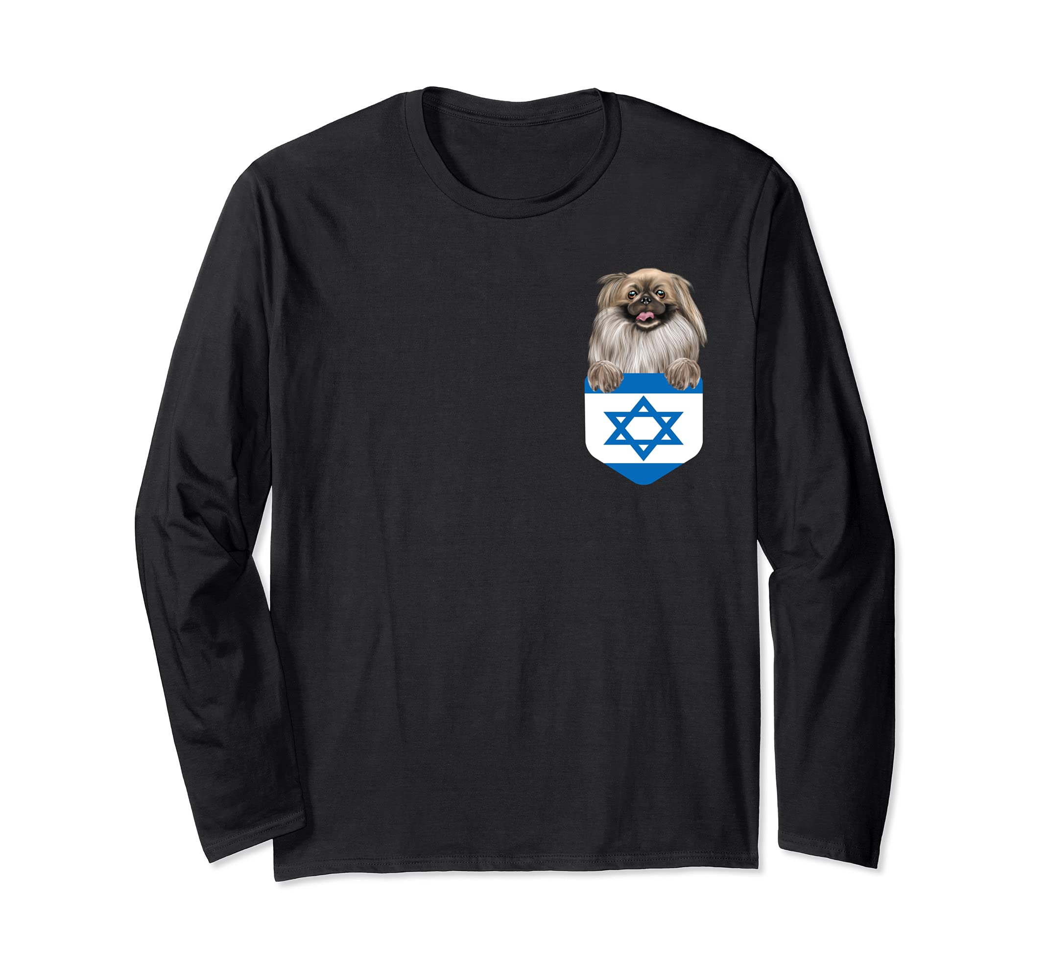 Israel Flag Pekingese Dog In Pocket Long Sleeve T-Shirt