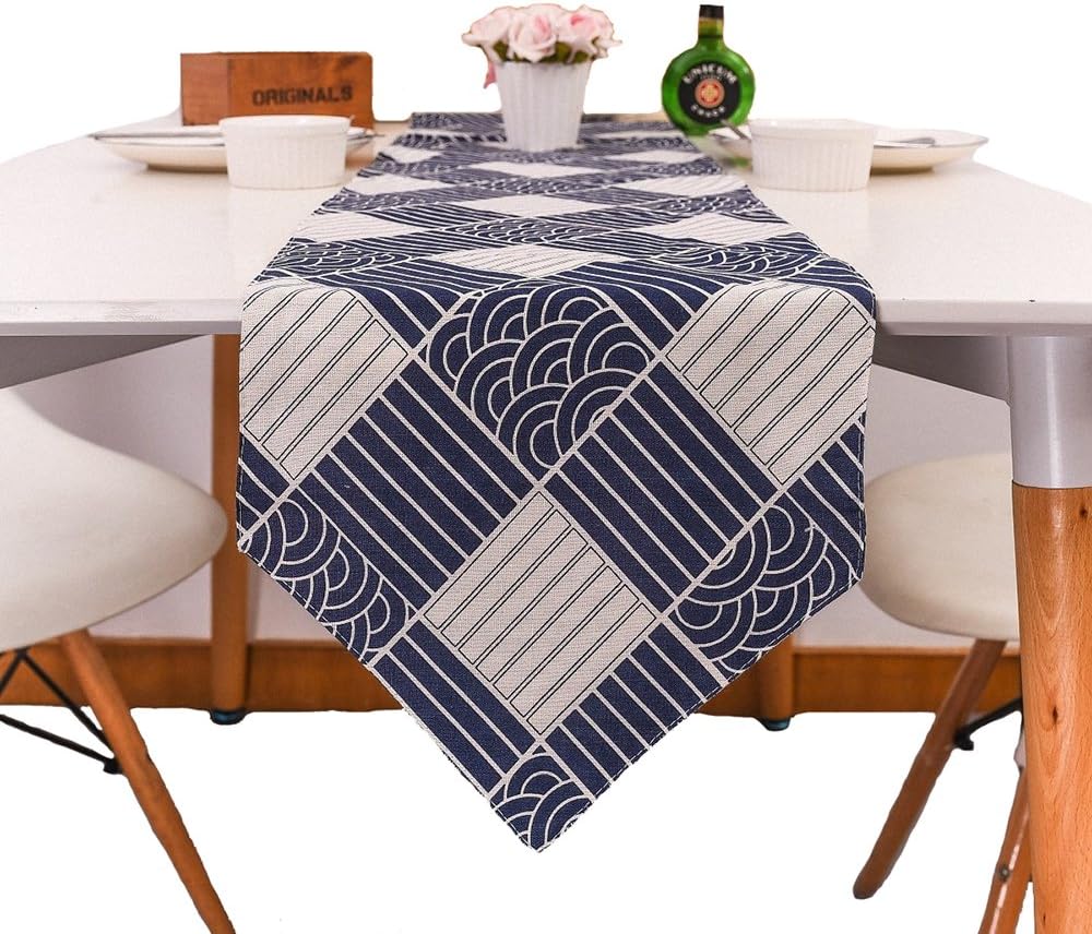uxART Handmade Japanese Style Ethnic Dining Table Runner 12'' x 78", Jute Blue Ocean Waves Plaids Top Home Decoration
