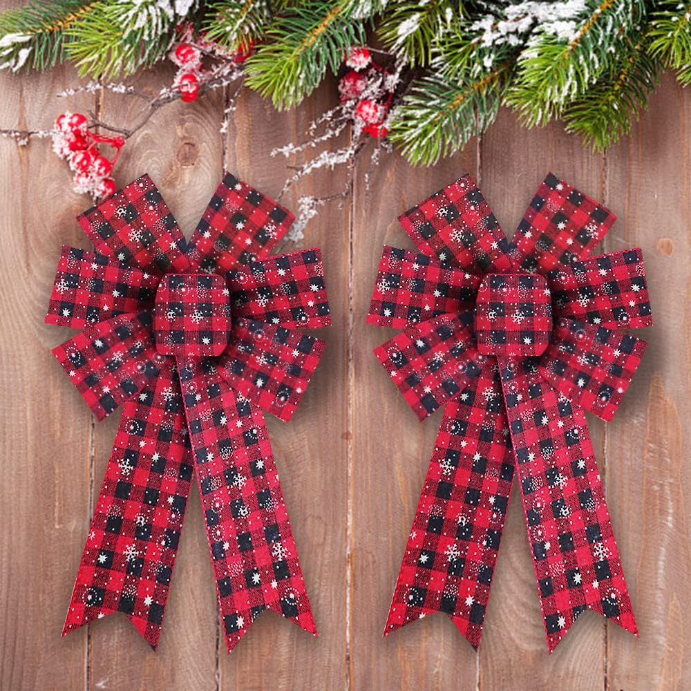 Bows & Ribbons - Threetols 2PCS Christmas Wreath Bows, Red Black Buffalo Plaid Bows for Wreath Farmhouse Bows for Front Door Winter Red Bows Christmas Snowflake Tree Bows for New Year Indoor Outdoor Xmas Decorations