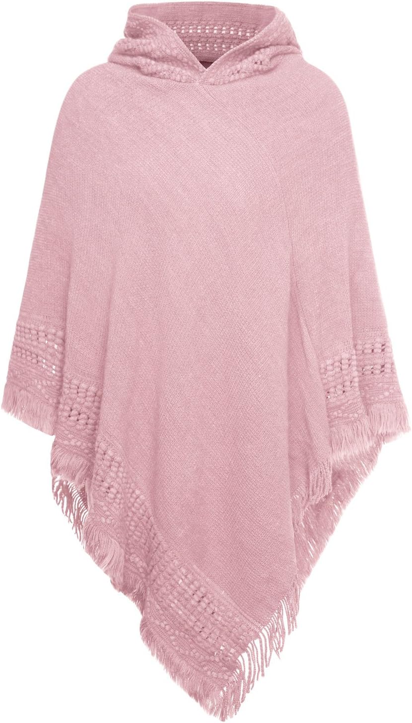 Slivexy Women's Fringed Hem Funnel Neck Tassel Hooded Sweater Poncho