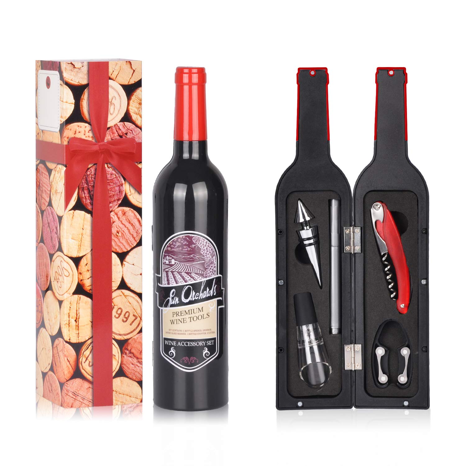 Wine Accessory Gift Set - Deluxe Wine Bottle Corkscrew Opener, Stopper, Aerator Pourer, Foil Cutter, Glass Paint Marker w/Reusable Drink Stickers in Gift Box, Wine Gifts for Wine Lover