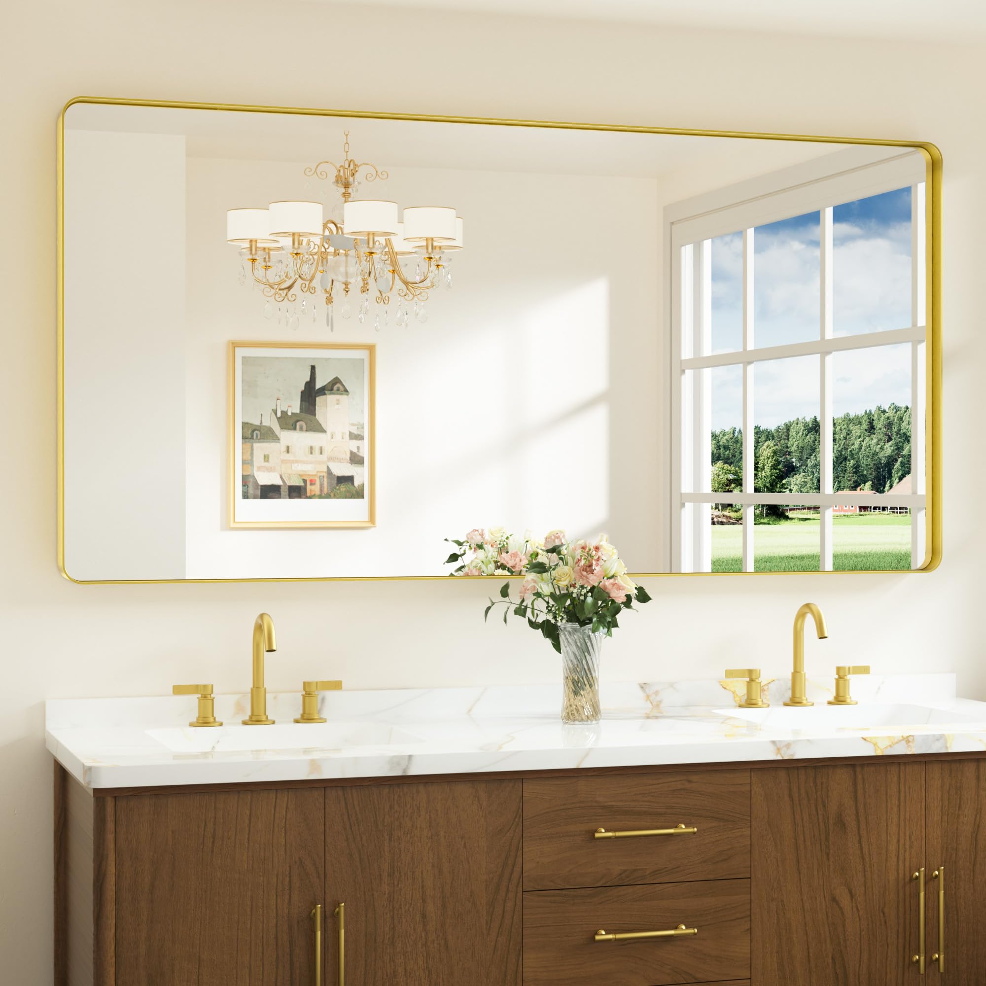 Keonjinn Brushed Gold Bathroom Mirror 72” x 36” Large Gold Bathroom Vanity Mirrors, Oversized Rounded Rectangle Mirror with Shatterproof HD Tempered Glass, Aluminum Alloy Frame(Horizontal/Vertical) Image