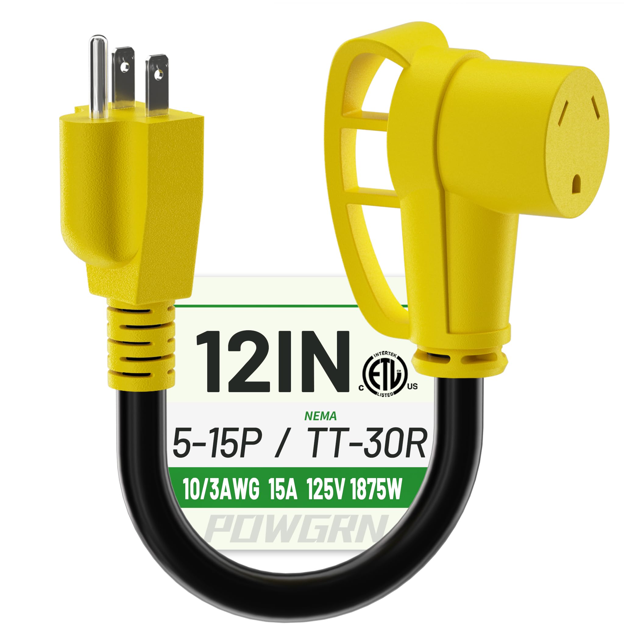 Photo 1 of POWGRN RV 30 Amp to 110 Adapter 12 inch, Heavy Duty 10/3 Gauge RV Electrical Adapter, NEMA 5-15P Male to NEMA TT-30R Female, STW 10AWG 15A 125V 1875W, Black-Yellow, ETL Listed