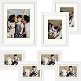 Frametory, Gallery Wall Frame Set of 7 Multiple Sizes 11x14, 8x10, 5x7 Picture Frame Collage with Mat for Prints, with Real Glass (White)