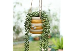 Chonsun Hanging Ceramic Planter 5 Inch Cute Bee Plant Pot Indoor Outdoor Yellow Planter Flower Pot Succulent Plant Pot Ceramic Mid-Century Planter
