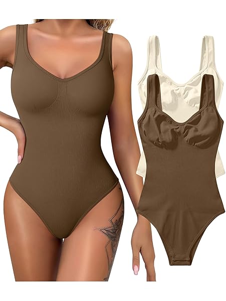 GXIN WOMEN’S 2 PIECE SHAPEWEAR BODYSUITS SEXY RIBBED SLEEVELESS TANK TOPS BODYSUITS BEIGE COFFEE