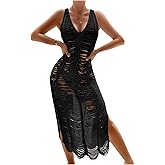 OYOANGLE Women's Crochet Hollow Out Swimsuit Cover Up Deep V Neck Sleeveless Beach Midi Dress Swimwear