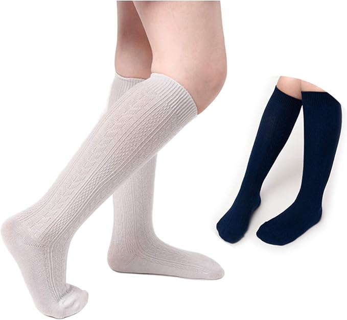 Girls Socks, School Uniform Cable KneeHigh Sock for Girls, Navy/White