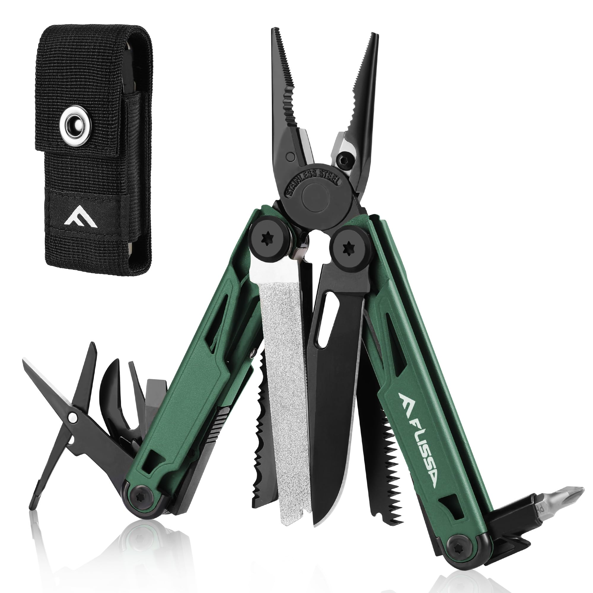 Photo 1 of ***MISSING CASE*** FLISSA Multitool, 15-in-1 Multi Tool Pocket Knife with Sheath, Stainless Steel EDC Multitool Pliers for Men, All-in-One Tools for Camping, Fishing, Survival