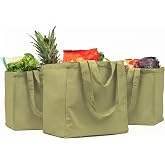 VeraMia Canvas Grocery Bag 3pc XL Set with Real Pockets, Long Shoulder Strap and Short Handle. Heavy Duty, Foldable, Washable