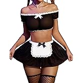 Avidlove Sexy Maid Outfit Set Off-shoulder Mesh Top Mini Skirt with Thong Halloween Costumes(3 pack)