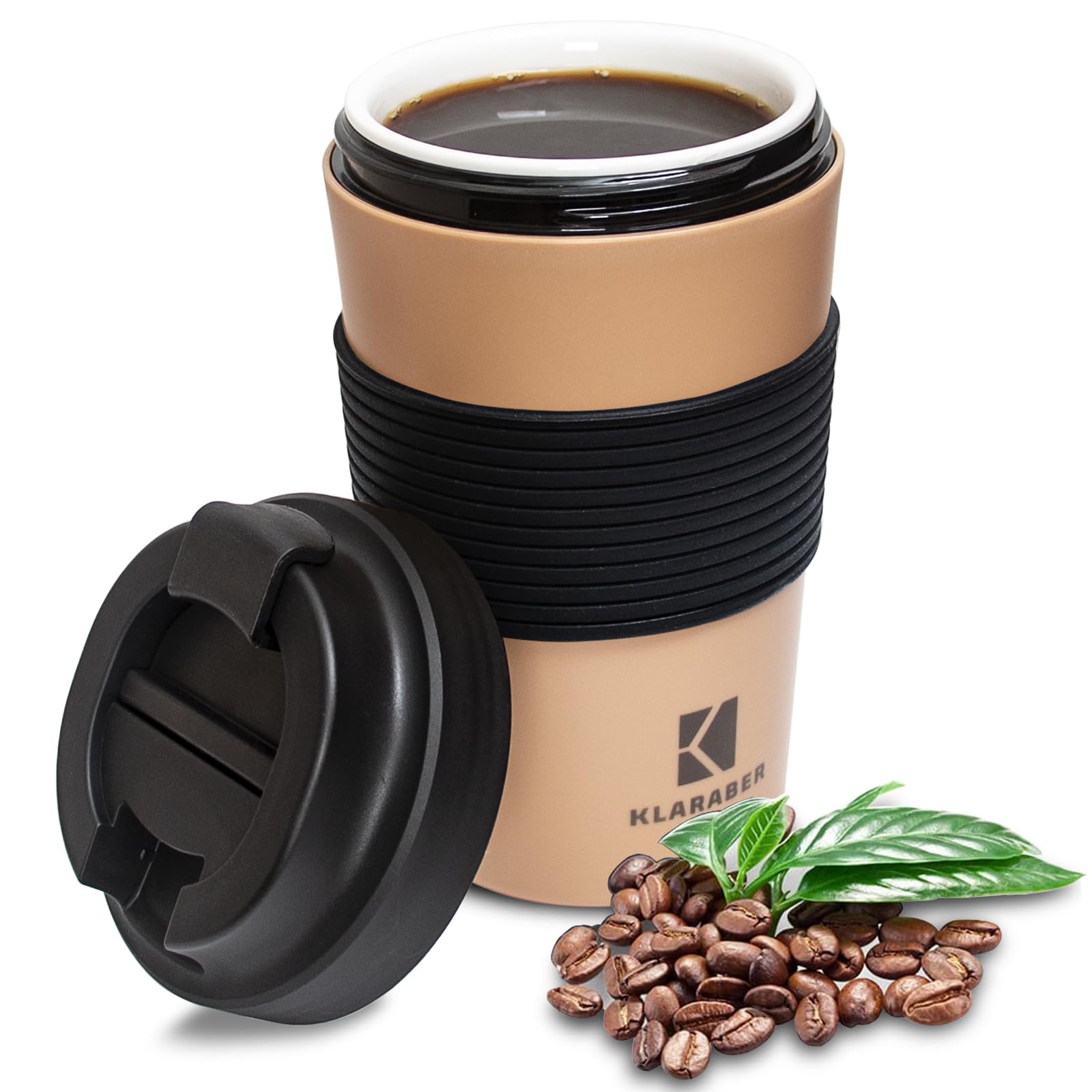 Klaraber Ceramic Travel Mug with Lid, Portable Porcelain Cup with Sleeve, Leakproof Ceramic Lined Coffee Cup Travel Mug, Reusable Coffee Cup, 350ml / 12oz (Khaki)