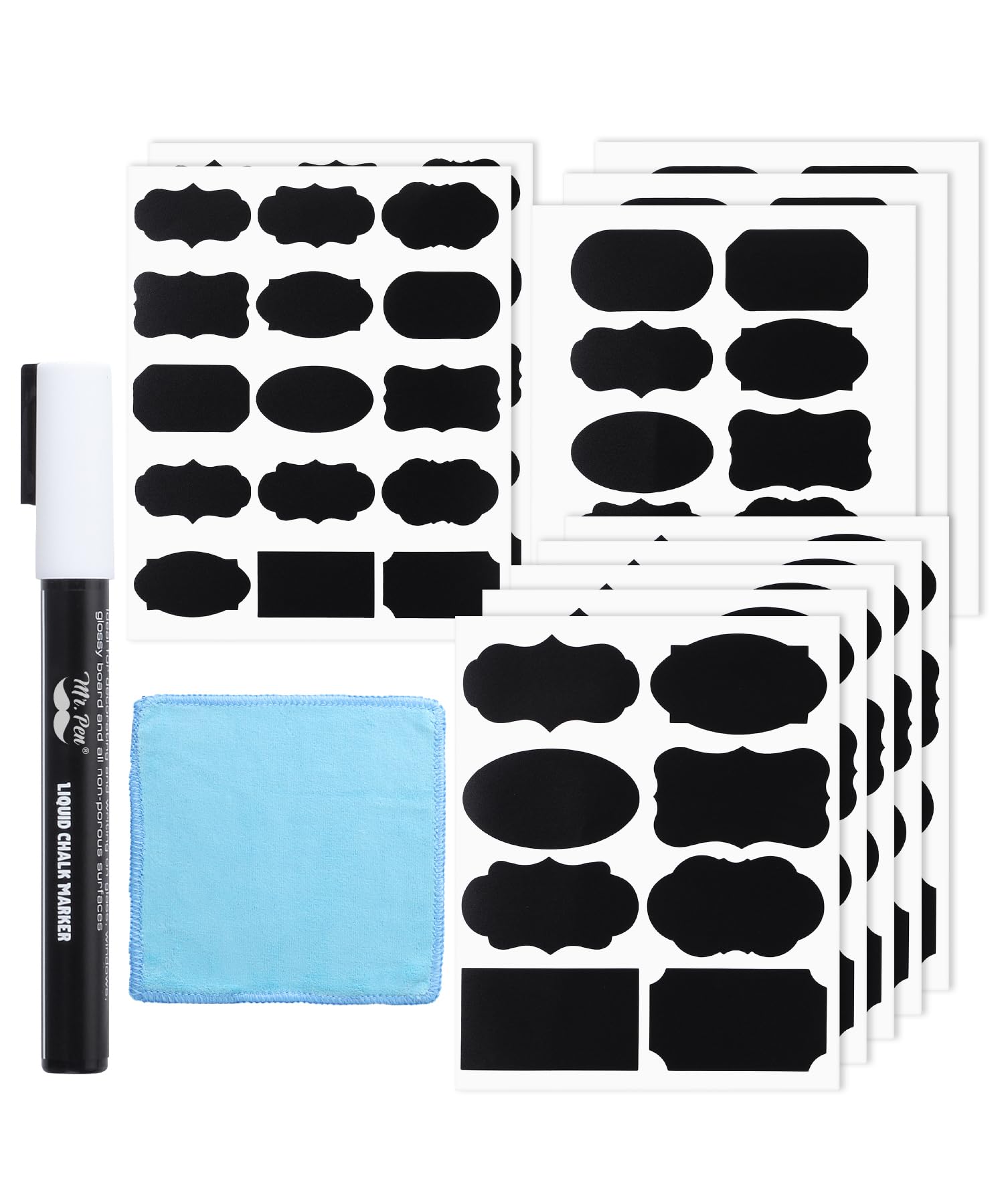 Photo 1 of Mr. Pen- Chalkboard Labels, 100pc, Assorted Shapes, 1 White Chalk Marker and Small Towel, Label Stickers, Sticker Labels for Storage Bins
