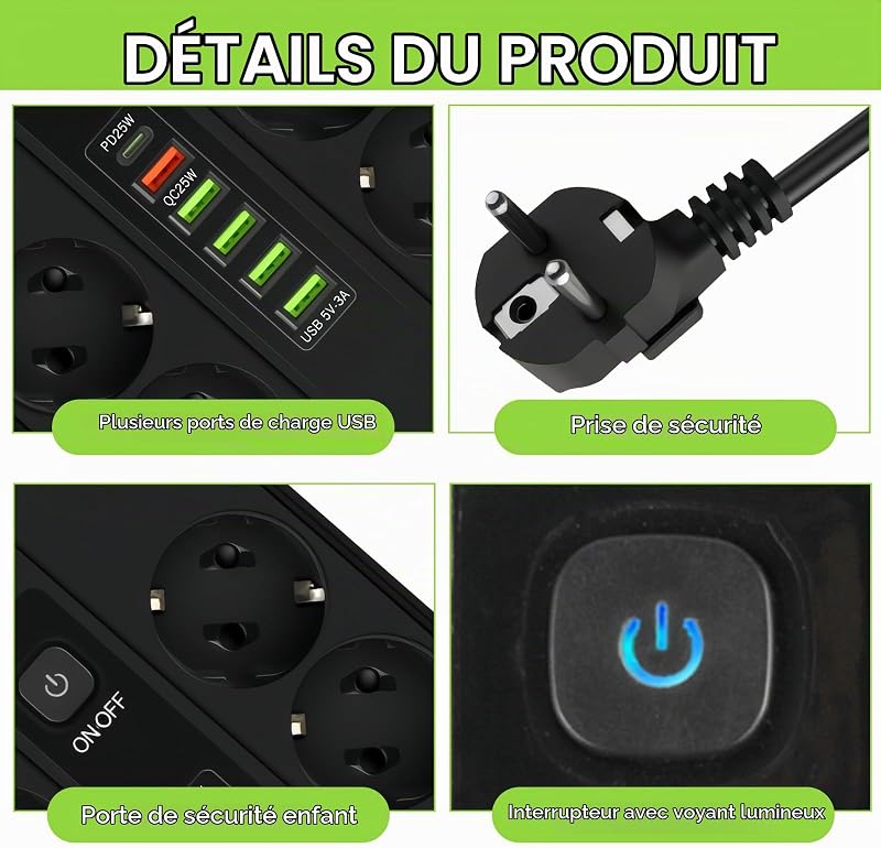 Multiprise USB-C noir : cuivre ABS USB multiprise 2 m avec 5 ports USB A et 1 port de charge rapide de type C, charge rapide, multiprise pour la maison, le bureau et le salon, noir — photo 3 sur 7