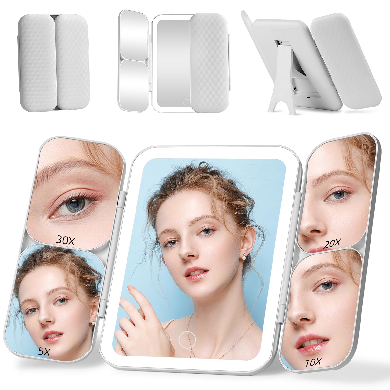 Photo 1 of Junyaoxuan Tri-fold Vanity Mirror with Light,1X/5X/10X/20X/30X Makeup Magnifying Mirror with Lights,Rechargeable Travel Makeup Mirror with Foldable Stand,Dimmable in 3 Colors,Touch Control
