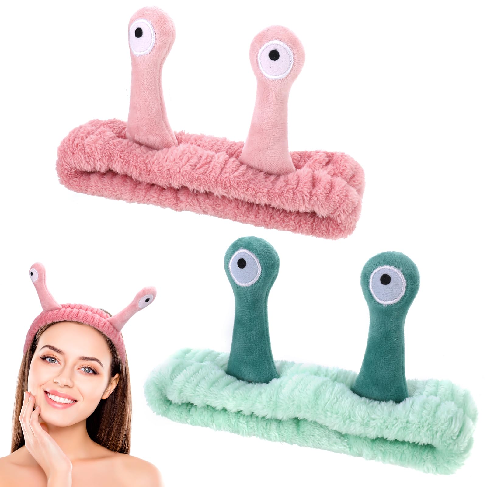 2 PCS Snail Face Wash Headband for Women & Girls, Soft Coral Fleece Spa Hair Band, Cute Elastic Headband for Washing Face, Shower Sports Beauty