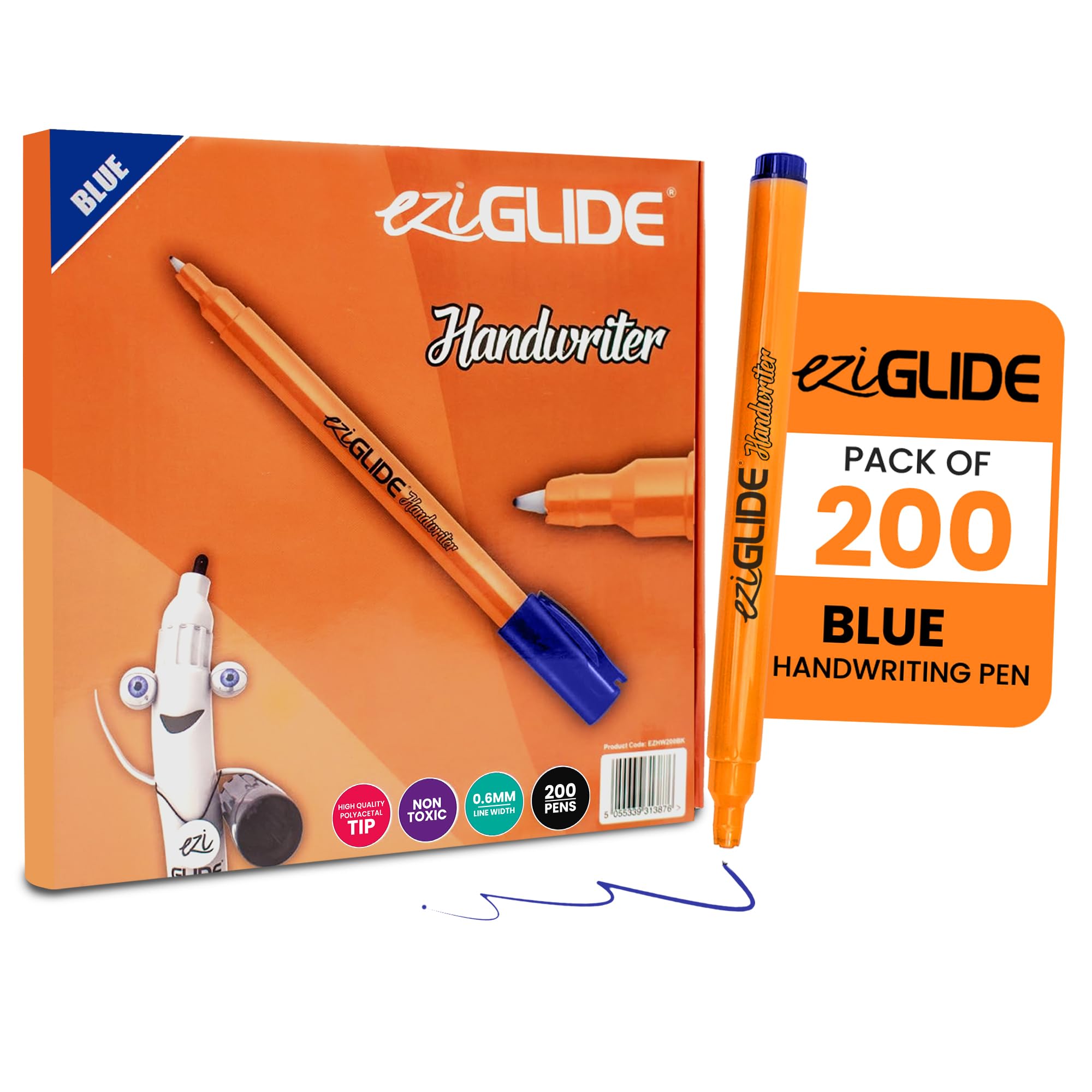 Eziglide Handwriting Pens, Pack of 200 Blue Handwriting Pens for School and Home Learning, Durable Tip for Smooth, Effortless Ink Flow, Suitable for Both Right- and Left-Handed Children