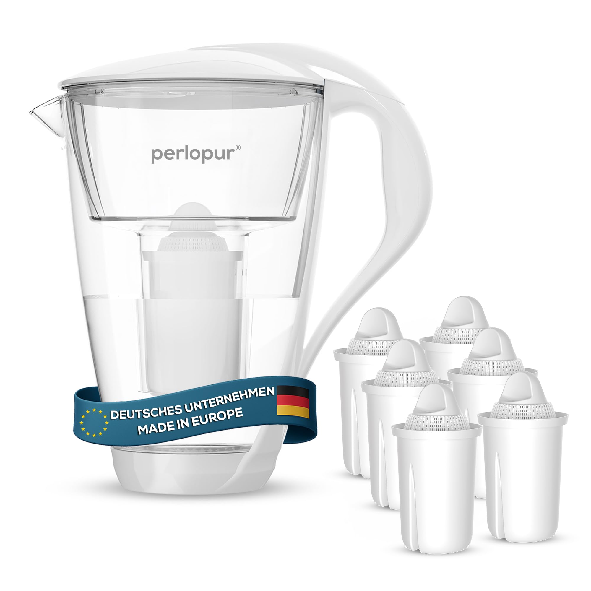 PearlCo Glass Water Universal classic Filter (white) incl. 6 Universal classic Filter Cartridges (compatible with Brita® Classic)