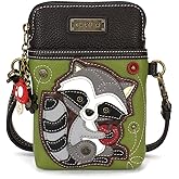 CHALA Woodland Animal Collection Cell Phone Crossbody Purse-Women PU Leather/Canvas Multicolor Handbag with Adjustable Strap - Raccoon with Cherry - green