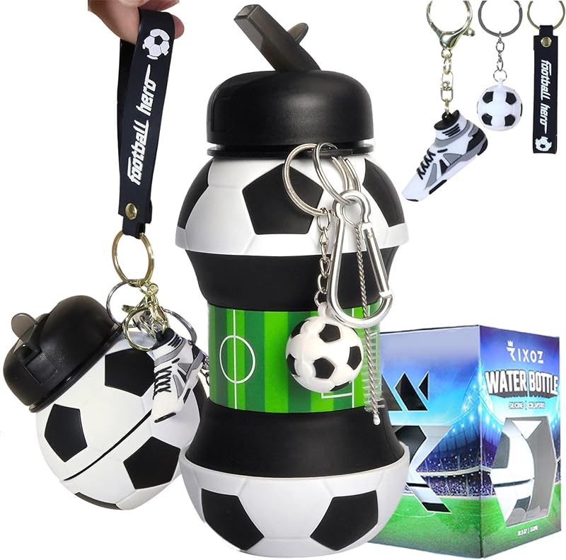 RIXOZ Football Collapsible Water Bottle 550ml Silicone with Football