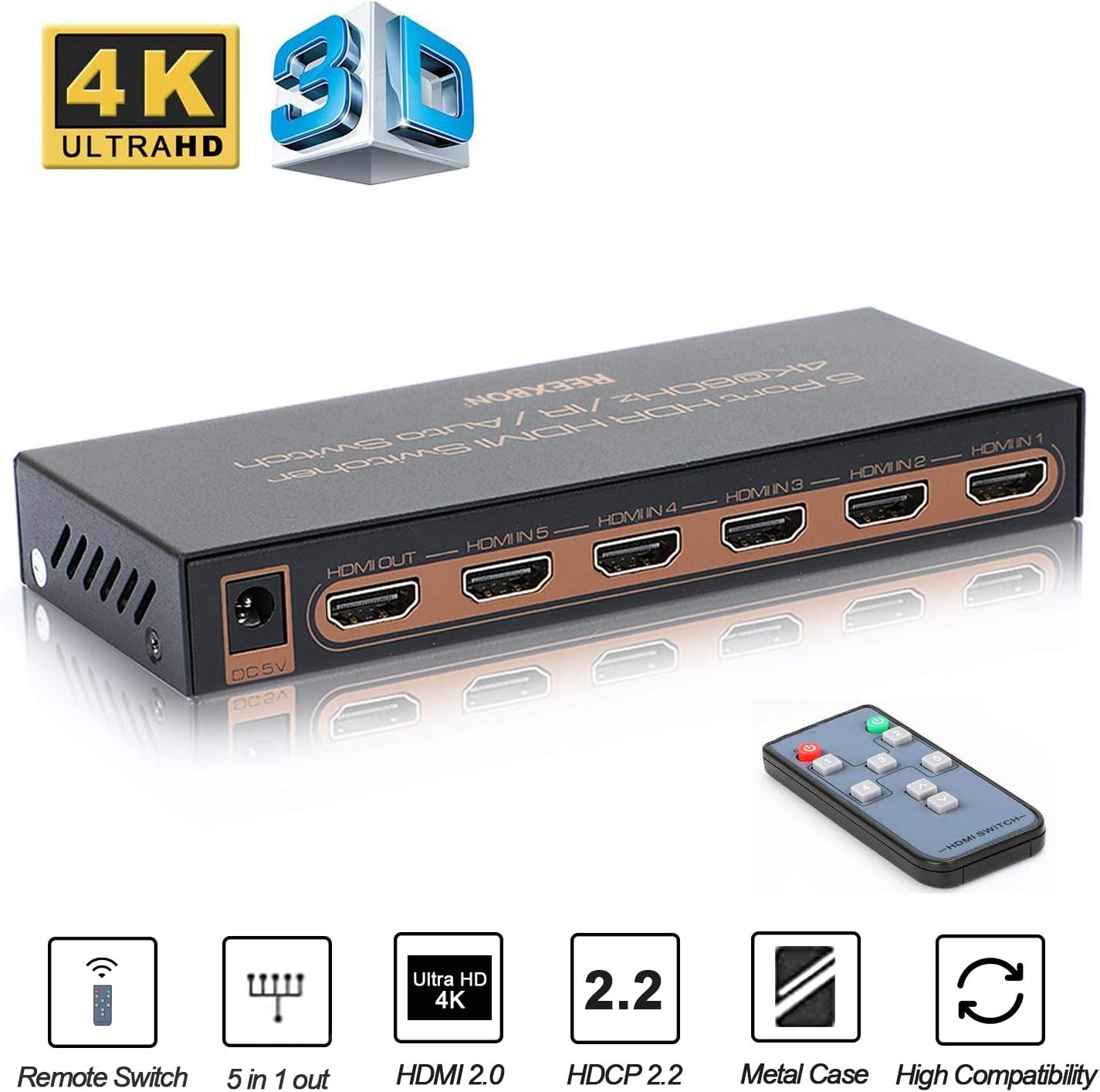 HDMI Switch 4K,REEXBON HDMI Switcher Splitter 5 in 1 Out 4K60Hz / 3D