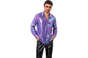 ODIZLI Mens Holographic Metallic Top Long Sleeve Button Down Shirt for Disco Party Nightclub Dance Shiny Shirts