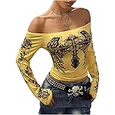 RoseSeek Women's Off The Shoulder Goth Graphic Tees Long Sleeve Slim Fit Y2K Crop Tops Vintage T Shirt