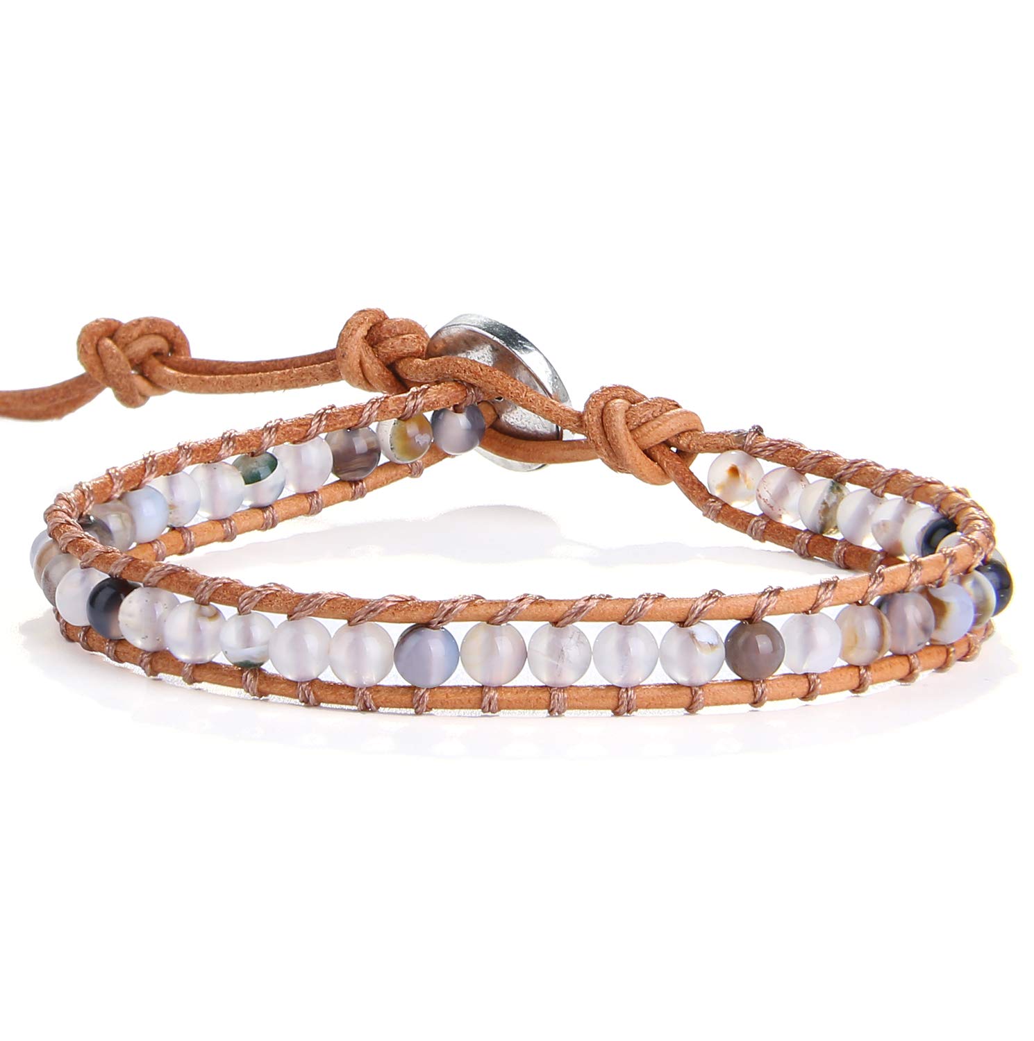 KELITCH Turquoise Crystal Mix Beaded Single Wrap Bracelet on Brown Leather Handwoven New Jewelry (Clear 03)