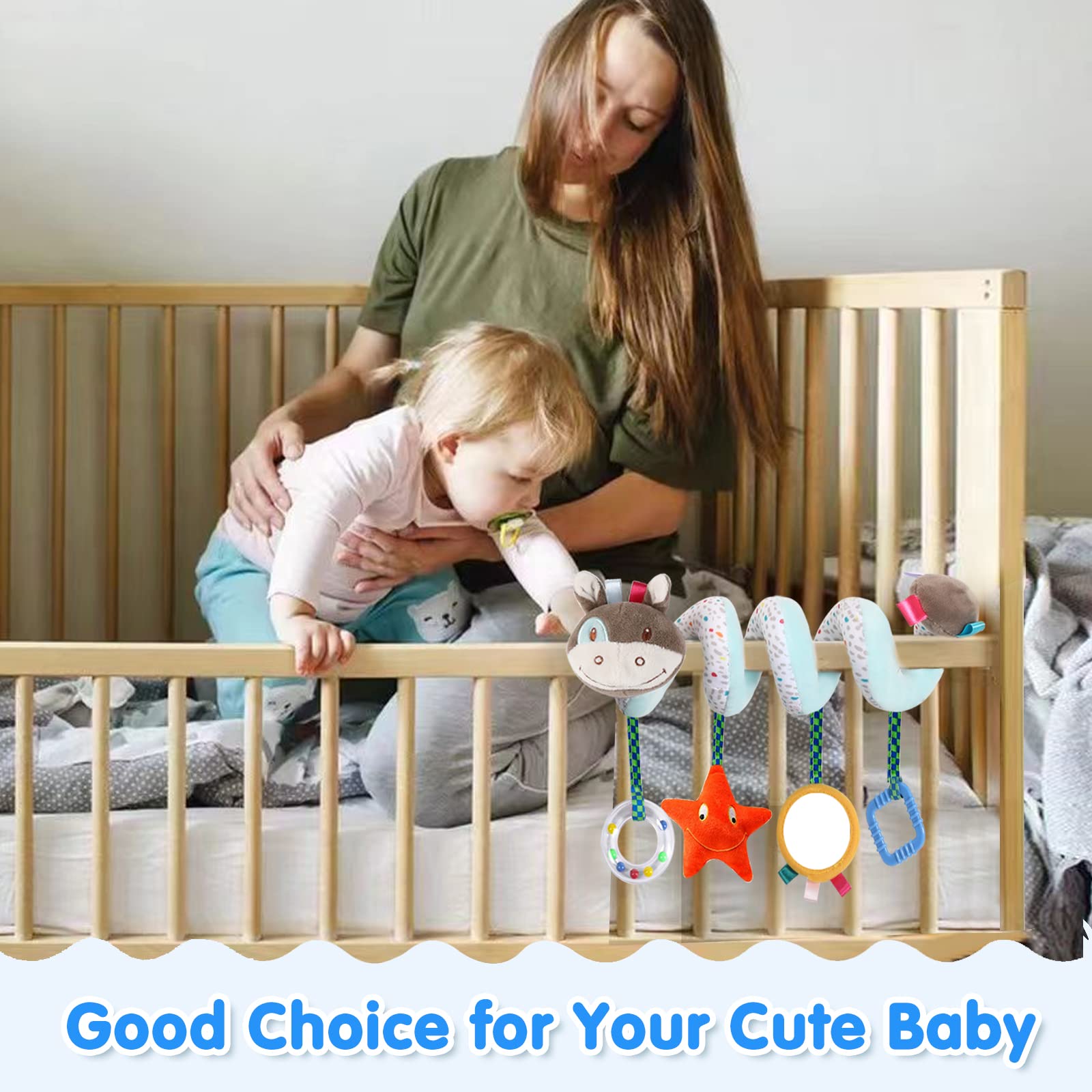 XIXILAND Car Seat Toys for Babies 0-6 Months, Stroller and Infant Toys 0-3 Months, Newborn Brain Development Crib Hanging Toys With Mirror, Rattles, and Teether