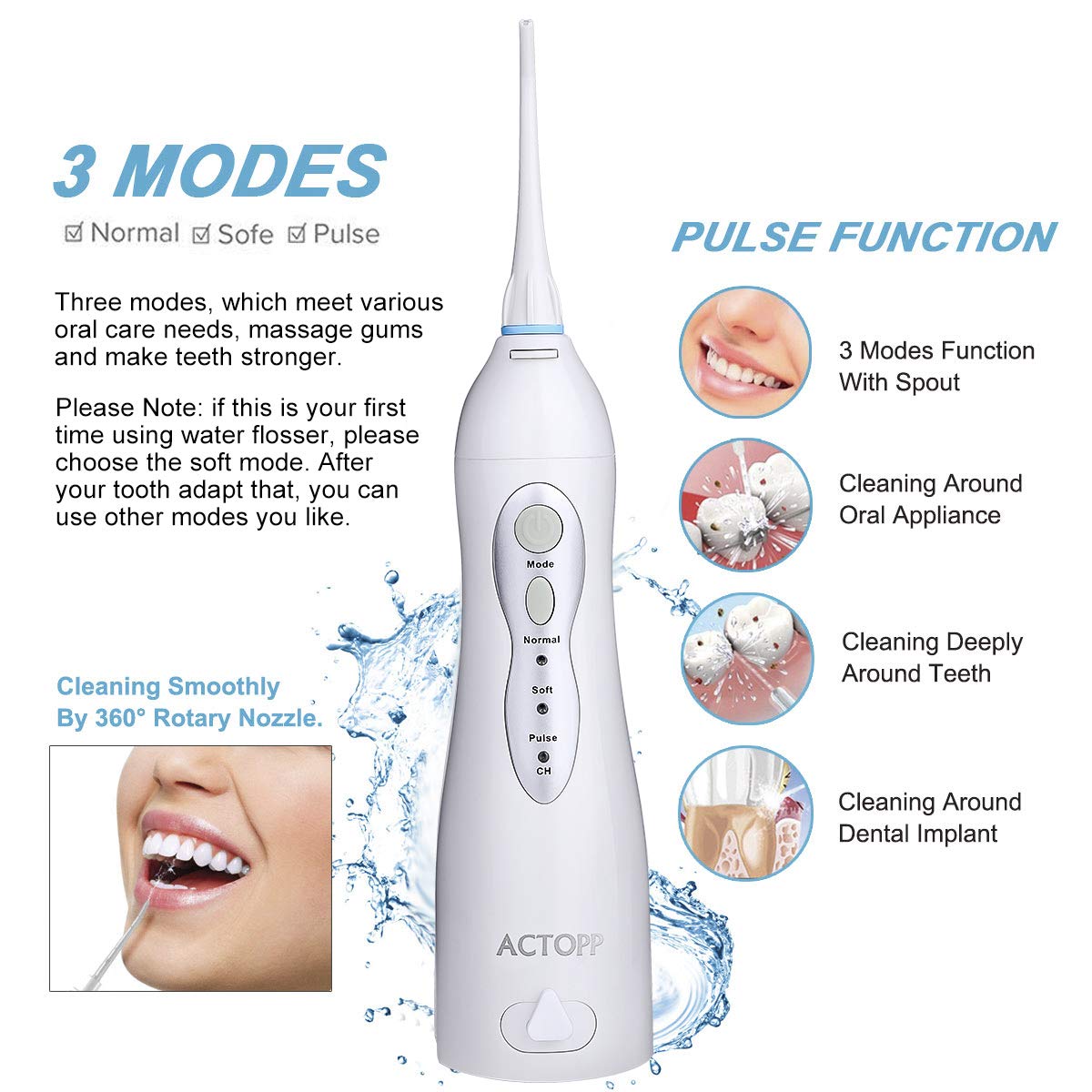 ACTOPP Portable Water Dental Flosser Waterproof Oral Irrigator 3 Modes 160ml Water Tank with 3 Jet Tips Rechargeable Cordless Water Flosser Ideal for Kids Adults Braces in Home and Travel