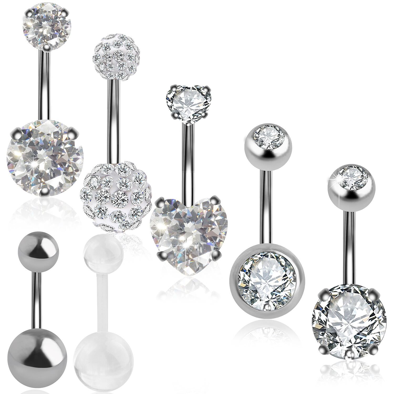 Outee 7 PCS Belly Bars Button Set Belly Button Ring Belly Piercing Cubic Zirconia Ball Navel Rings Belly Bar Rings Body Piercing Jewelry Set