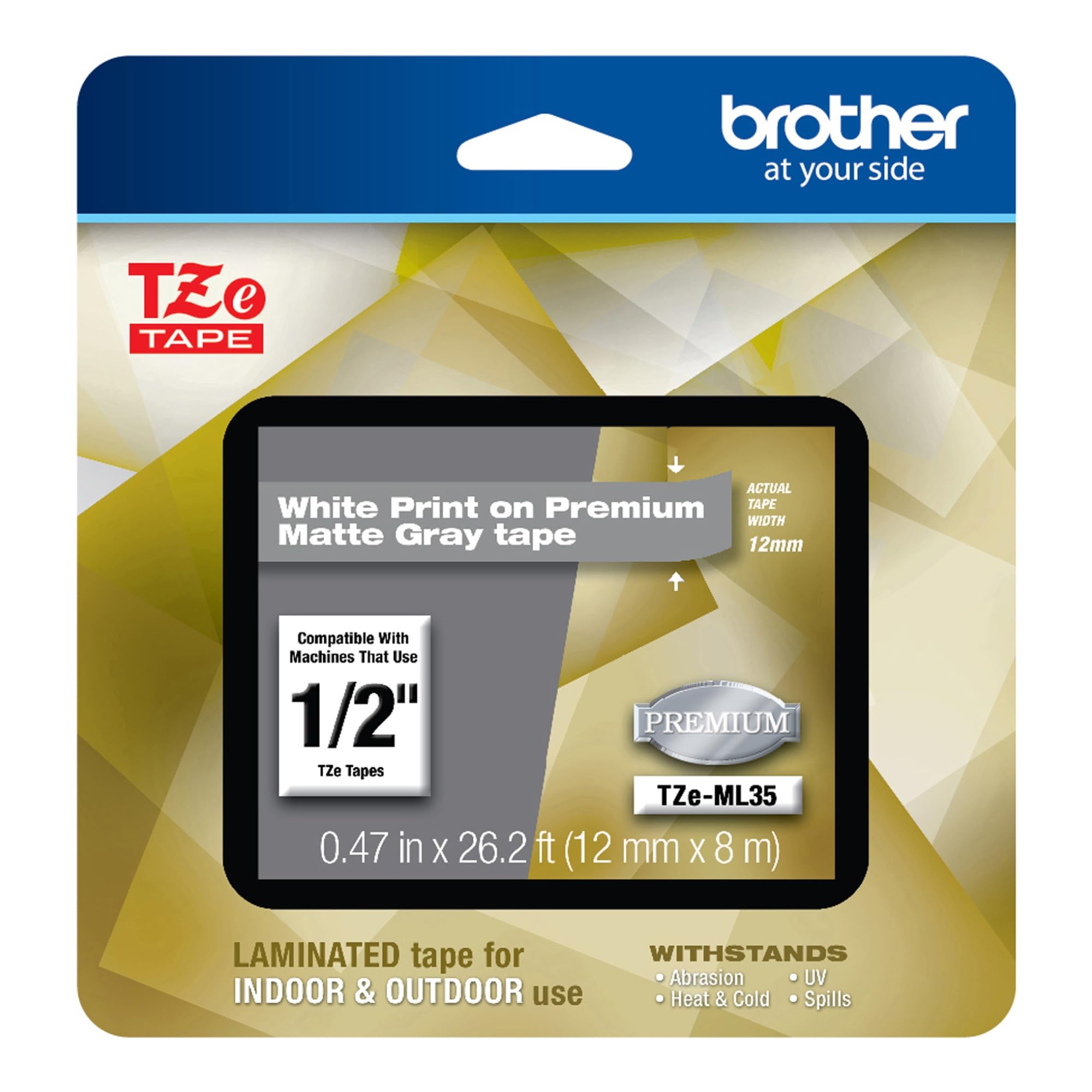 P-Touch TZe-ML35 White Print on Premium Matte Gray Laminated Tape 12mm (0.47”) Wide x 8m (26.2’) Long, TZEML35