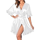 Ekouaer Womens Silk Ruffle Robe Short Satin Kimono Robe Half Sleeve Bathrobe Bridesmaid Wedding Party Dressing Gown