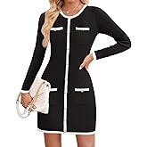 ZESICA Fall Dresses for Women 2026 Long Sleeve Button Color Block Knit Bodycon Short Sweater Dresses with Pockets