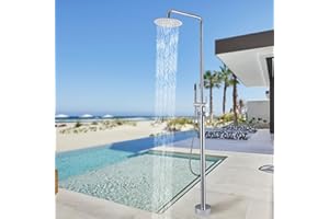 RBROHANT Freestanding Outdoor Shower Chrome, Height Adjustable Outside Showers for Backyard Garden Pool Beach, Outdoor Shower Fixtures with 10” Rain Shower Head and Handheld, Polished Chrome, JK0451